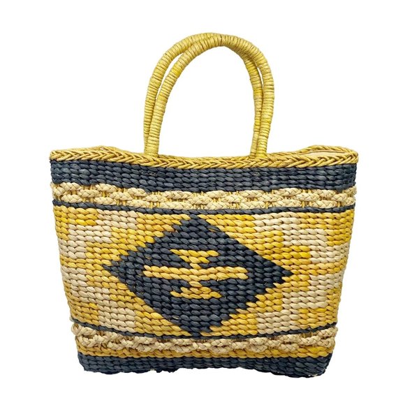 Tribal Basket Bag Black Tan Yellow Made of Corn Husk - Picture 2 of 11